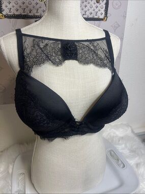Victorias Secret Sheer Lace High-Neck Push-Up Bra in Black